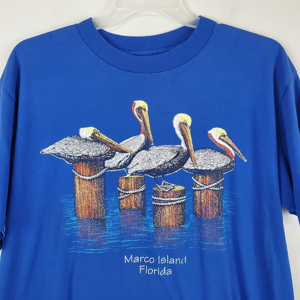 Vintage 90s Marco Island Florida Pelicans Blue T Shirt XL USA Made Single Stitch